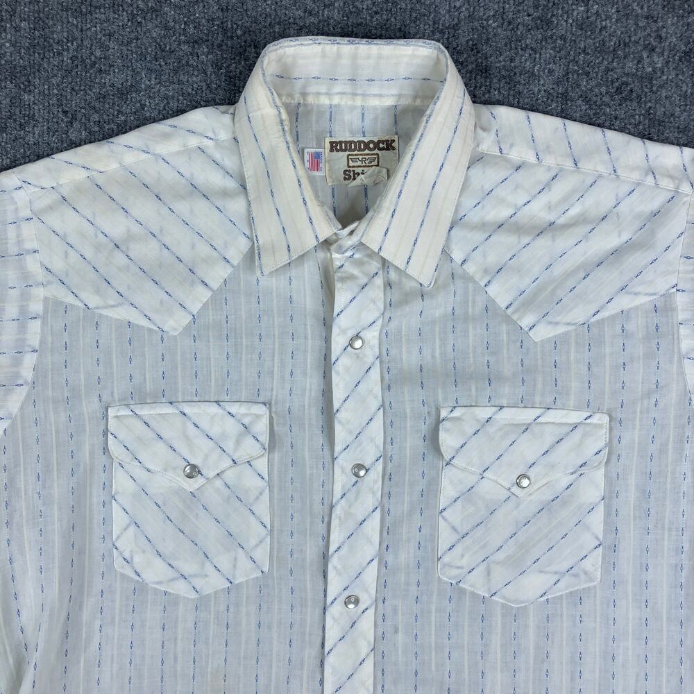 Ruddock Western Shirt Mens L White Blue Stripe Pearl Snap‎ Vintage Cowboy